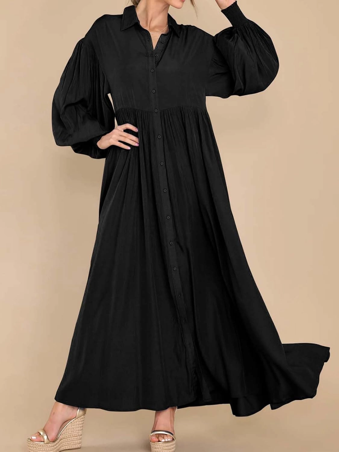 Women's Casual Pleated Long Dress Button Down Loose Fit Boho Beach Sun Dresses