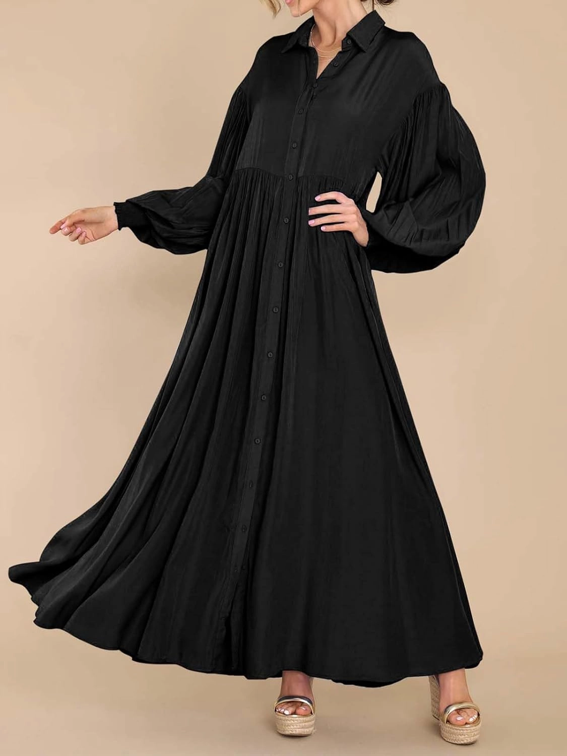 Women's Casual Pleated Long Dress Button Down Loose Fit Boho Beach Sun Dresses