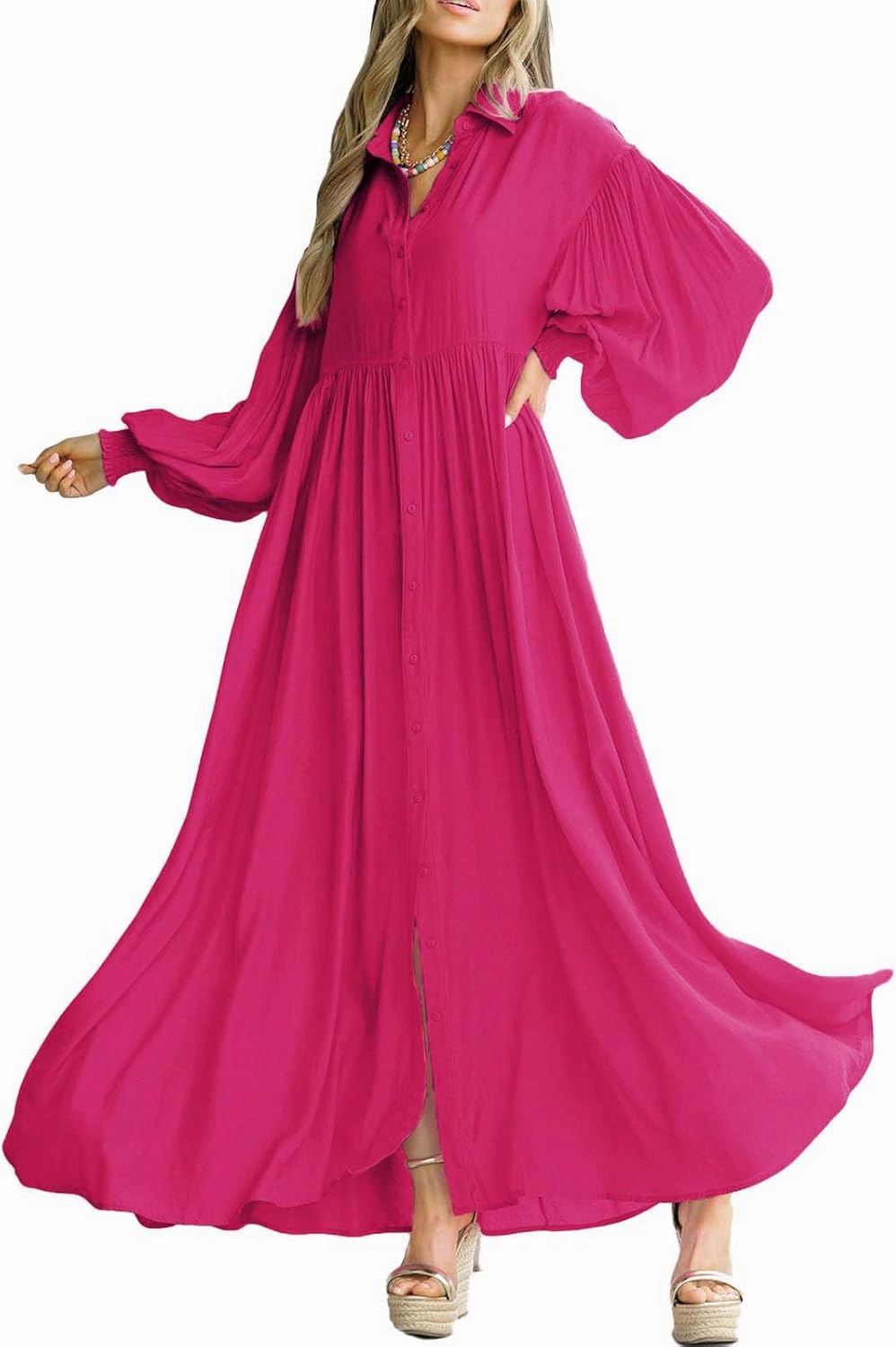 Women's Casual Pleated Long Dress Button Down Loose Fit Boho Beach Sun Dresses