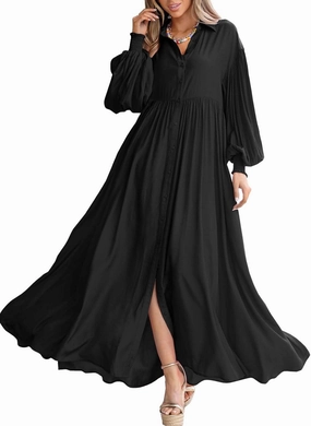 Women's Casual Pleated Long Dress Button Down Loose Fit Boho Beach Sun Dresses