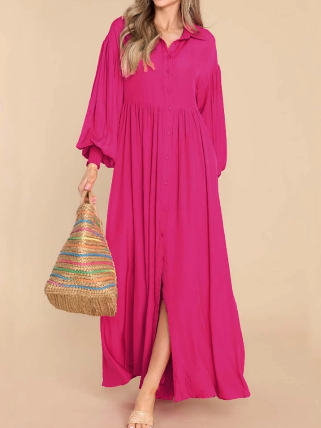 Women's Casual Pleated Long Dress Button Down Loose Fit Boho Beach Sun Dresses