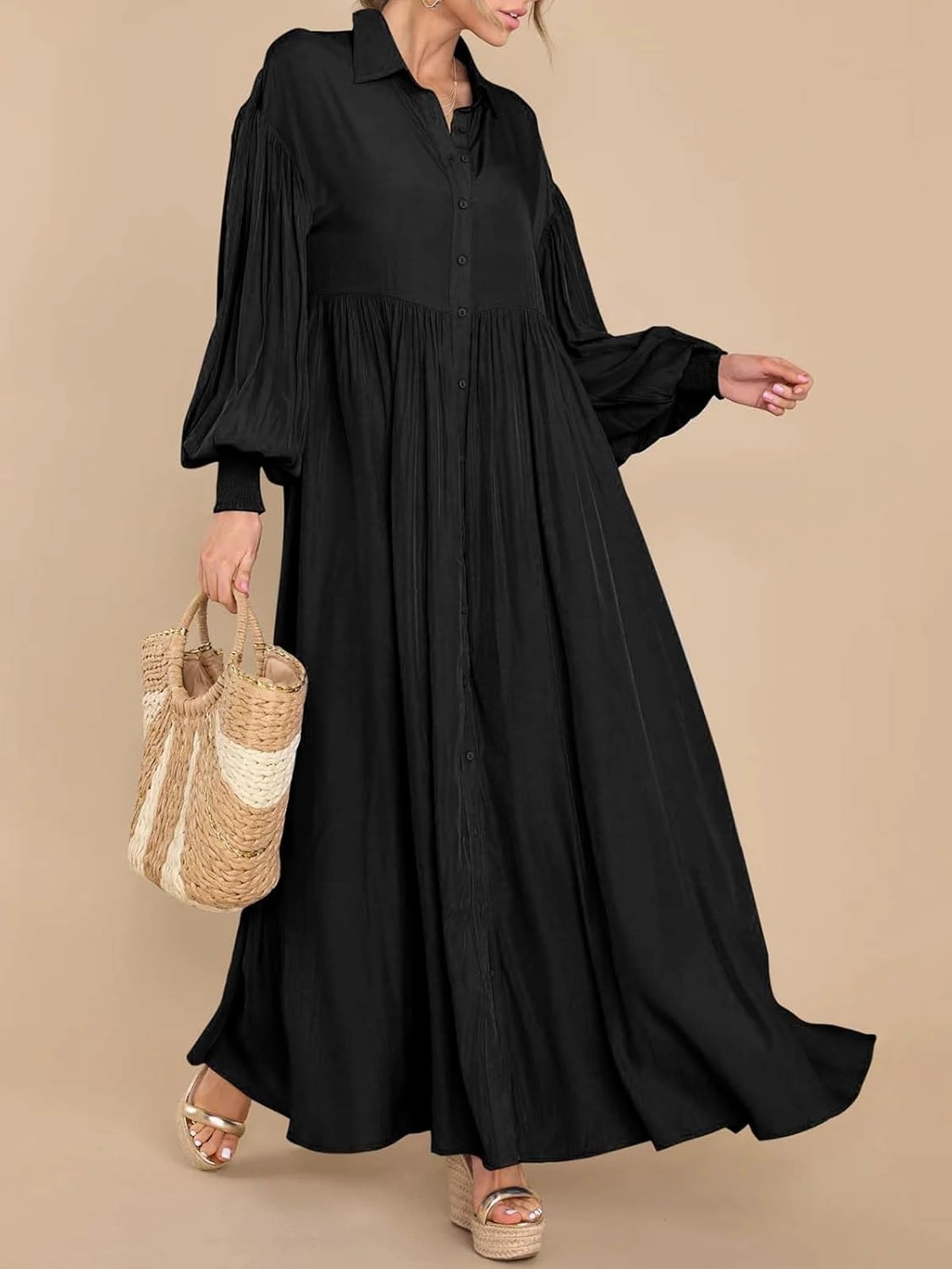 Women's Casual Pleated Long Dress Button Down Loose Fit Boho Beach Sun Dresses