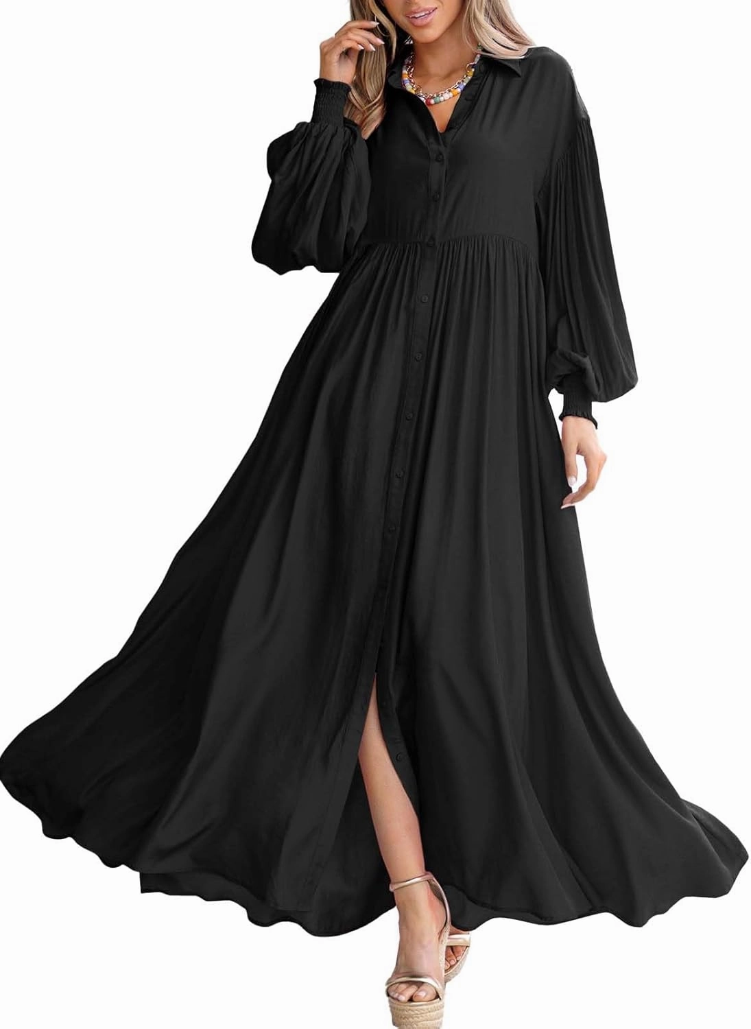 Women's Casual Pleated Long Dress Button Down Loose Fit Boho Beach Sun Dresses