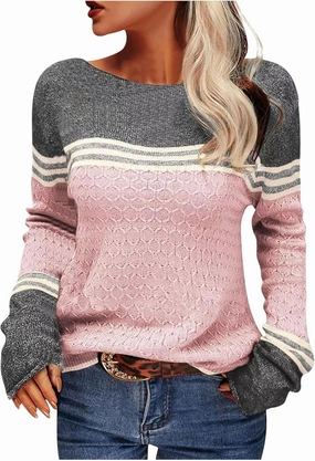 Women's Knitted Color Block Sweaters Long Sleeve Crewneck Fall Fashion Shirt Tunic Tops Blouse Knitwear Pullover