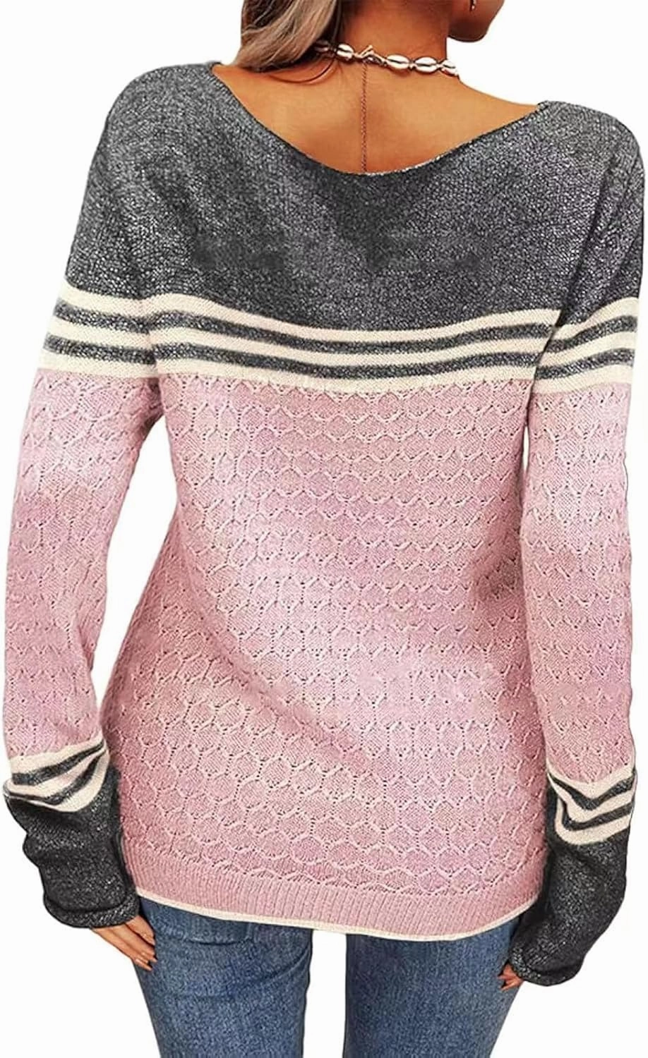 Women's Knitted Color Block Sweaters Long Sleeve Crewneck Fall Fashion Shirt Tunic Tops Blouse Knitwear Pullover