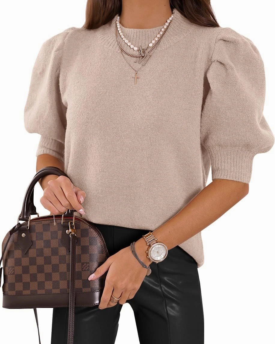 Women's Puff Short Sleeve Sweater Tops 2025 Spring Summer Trendy Crew Neck Casual T Shirts Blouses