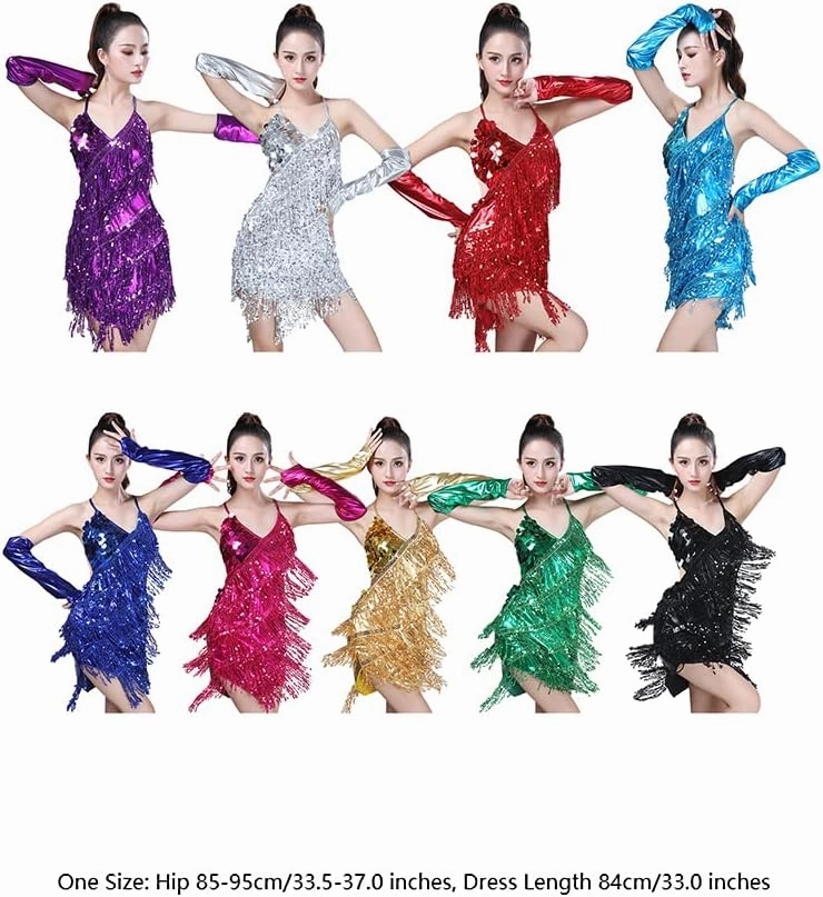 Women's Sparkly Sequins Tassels Ballroom Salsa Tango Latin Samba Rumba Dance Dress Cocktail Night Party Dress Gloves