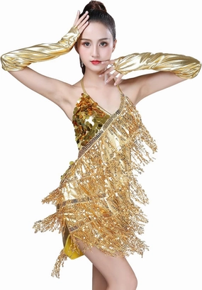 Women's Sparkly Sequins Tassels Ballroom Salsa Tango Latin Samba Rumba Dance Dress Cocktail Night Party Dress Gloves