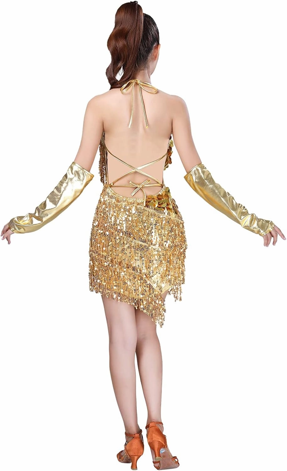 Women's Sparkly Sequins Tassels Ballroom Salsa Tango Latin Samba Rumba Dance Dress Cocktail Night Party Dress Gloves