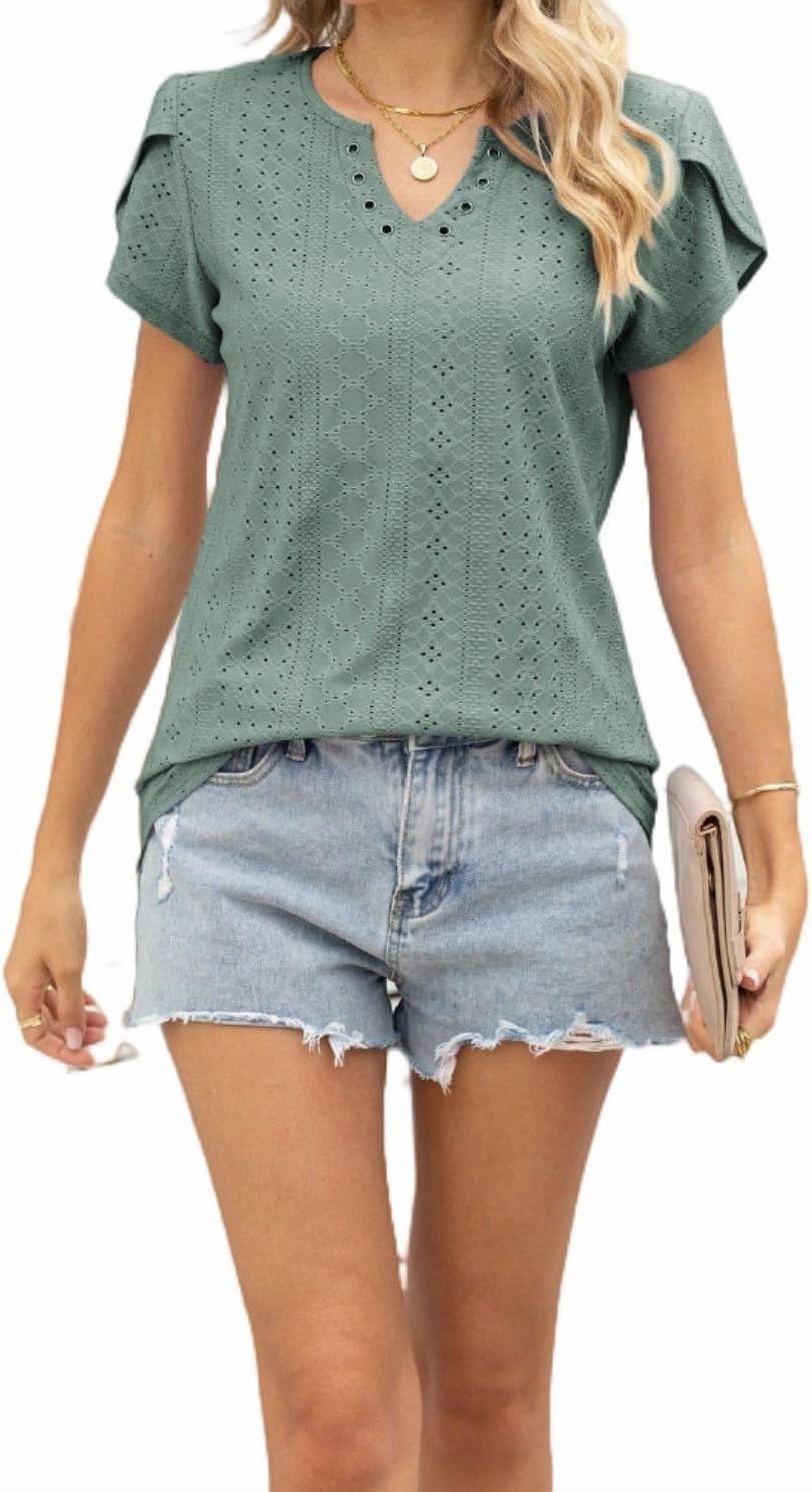 Women's Summer Tee Spring Fashion Short Sleeve Roll Up Loose Fit Shirts Casual T Shirts V Neck Tshirts Tunic Tops