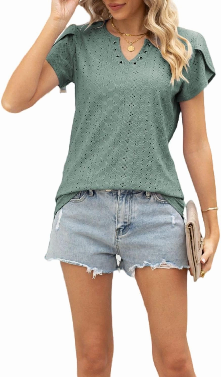 Women's Summer Tee Spring Fashion Short Sleeve Roll Up Loose Fit Shirts Casual T Shirts V Neck Tshirts Tunic Tops