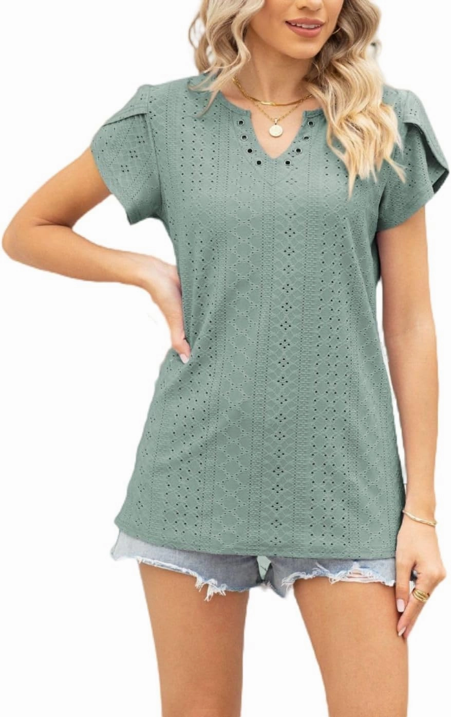 Women's Summer Tee Spring Fashion Short Sleeve Roll Up Loose Fit Shirts Casual T Shirts V Neck Tshirts Tunic Tops