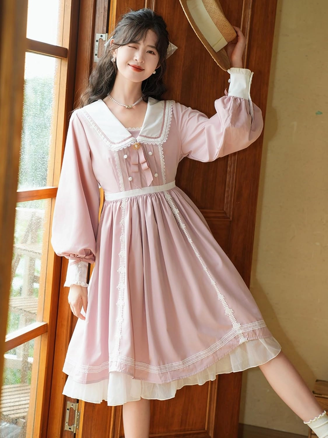 Women Sweet Lolita Cute Dress Teens Fall Outfits Kawaii Lace Long Sleeve Party Casual Elegant Princess Flowy Dresses