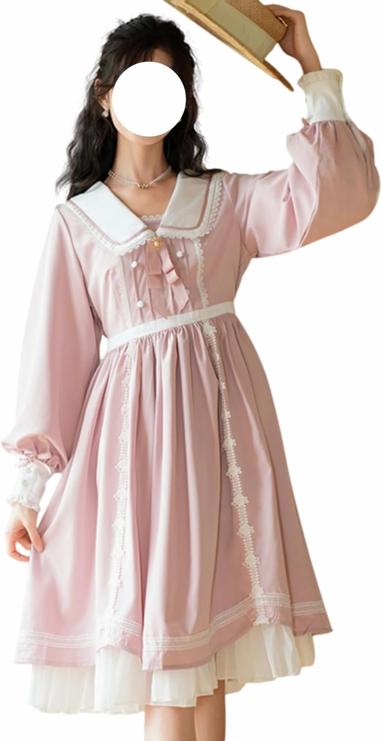 Women Sweet Lolita Cute Dress Teens Fall Outfits Kawaii Lace Long Sleeve Party Casual Elegant Princess Flowy Dresses