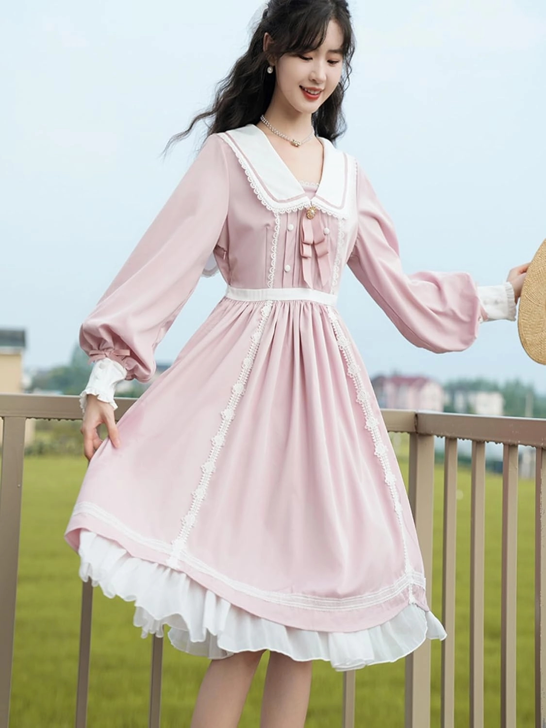 Women Sweet Lolita Cute Dress Teens Fall Outfits Kawaii Lace Long Sleeve Party Casual Elegant Princess Flowy Dresses