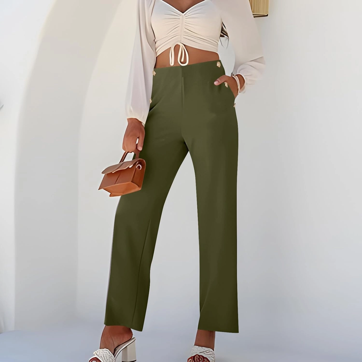 Women Tummy Control Button Pant High Waisted Wide Leg Pants Stretch Work Office Business Casual Trousers Pockets