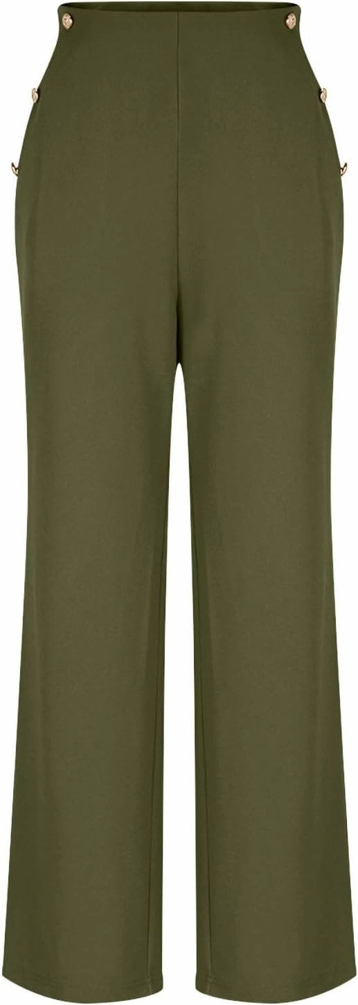 Women Tummy Control Button Pant High Waisted Wide Leg Pants Stretch Work Office Business Casual Trousers Pockets