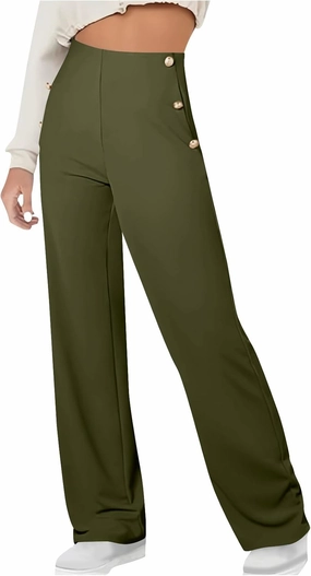 Women Tummy Control Button Pant High Waisted Wide Leg Pants Stretch Work Office Business Casual Trousers Pockets