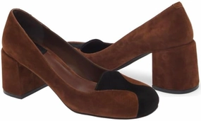 Women Vintage Chunky Block Heel Suede Pumps Round Closed Toe Slip On Dress Sandals Two-Toned Cap Toe Mid Thick Heels Office Work Shoes Ladies Classic Formal Wedding Party Comfort 4-11 M US