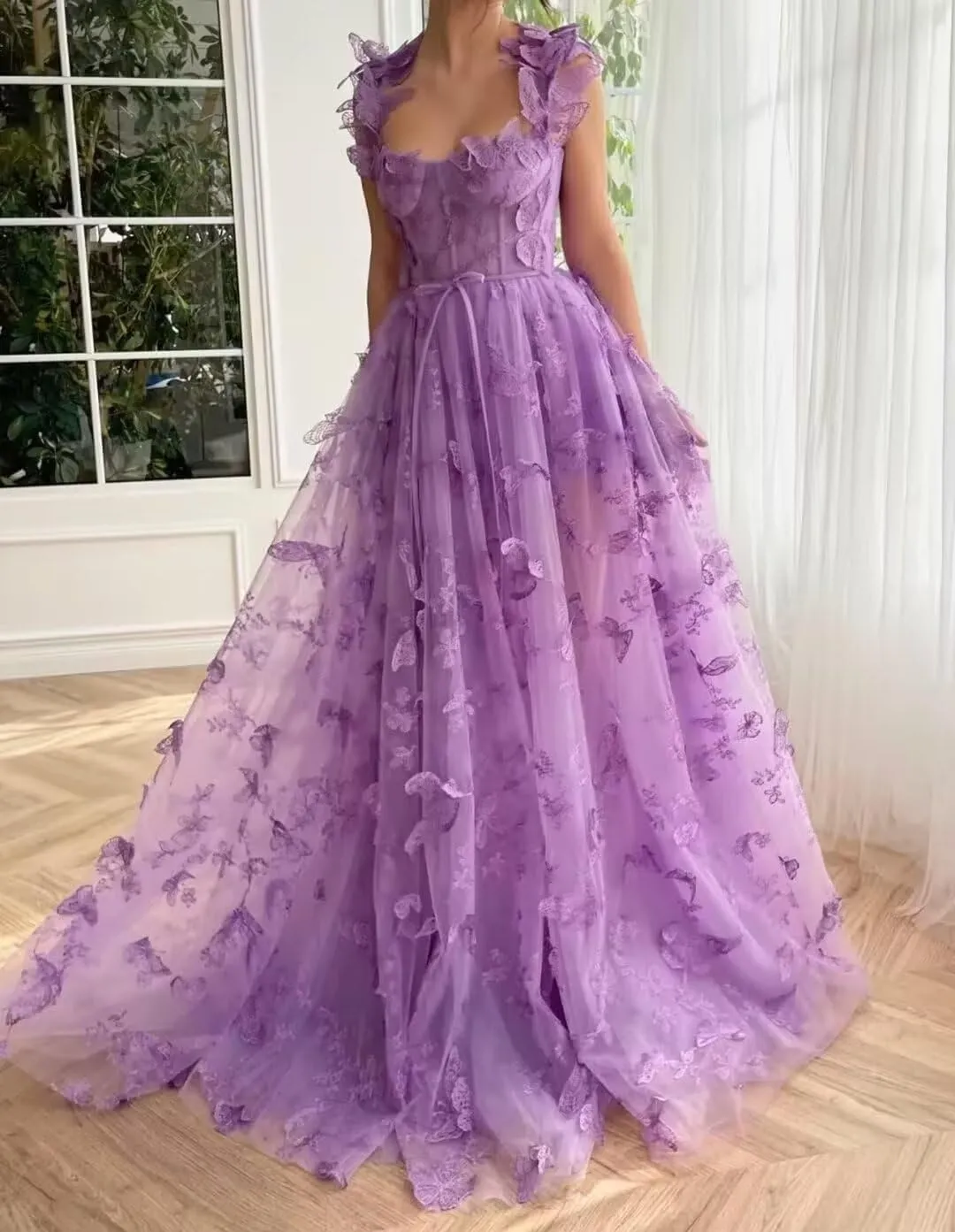 Women's 3D Butterfly Tulle Prom Dress Lace Applique Sweetheart Long Slit Formal Evening Gown