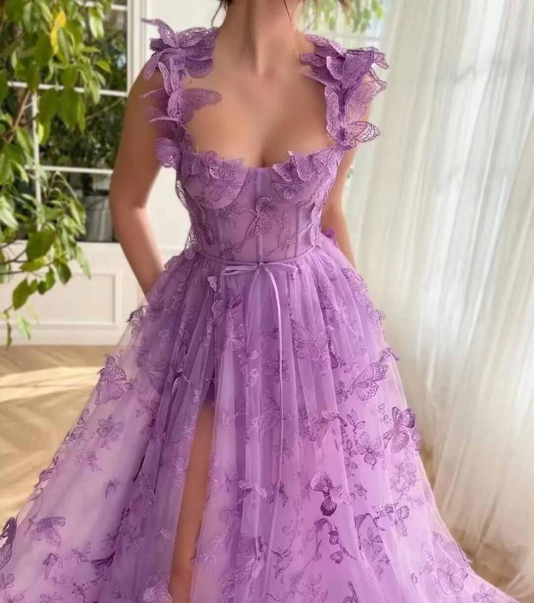 Women's 3D Butterfly Tulle Prom Dress Lace Applique Sweetheart Long Slit Formal Evening Gown