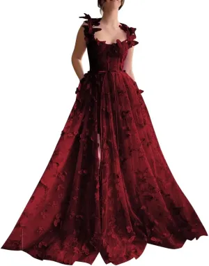 Women's 3D Butterfly Tulle Prom Dress Lace Applique Sweetheart Long Slit Formal Evening Gown