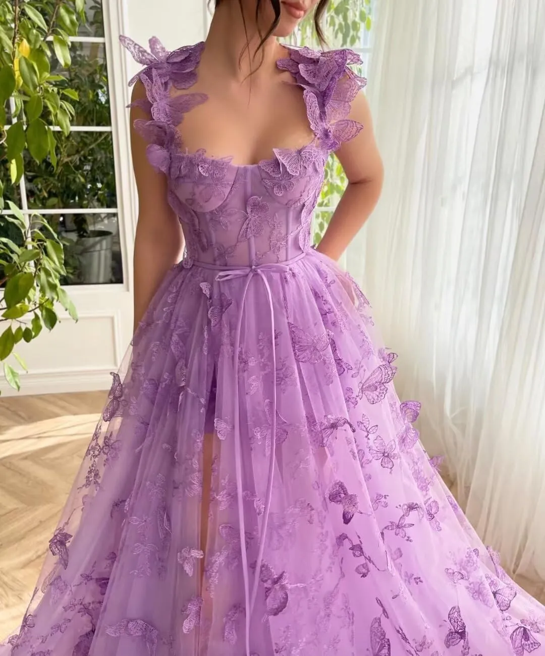 Women's 3D Butterfly Tulle Prom Dress Lace Applique Sweetheart Long Slit Formal Evening Gown