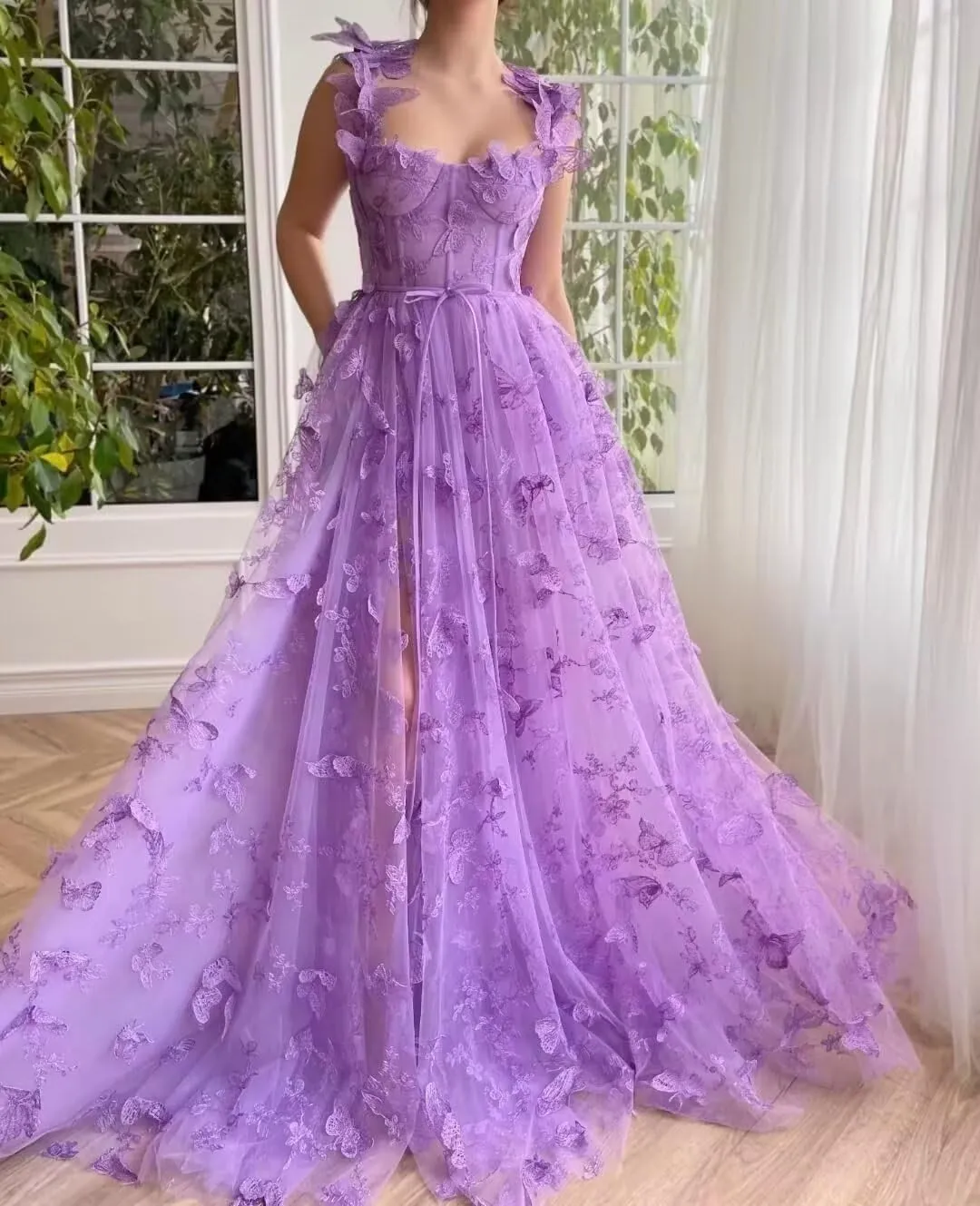 Women's 3D Butterfly Tulle Prom Dress Lace Applique Sweetheart Long Slit Formal Evening Gown