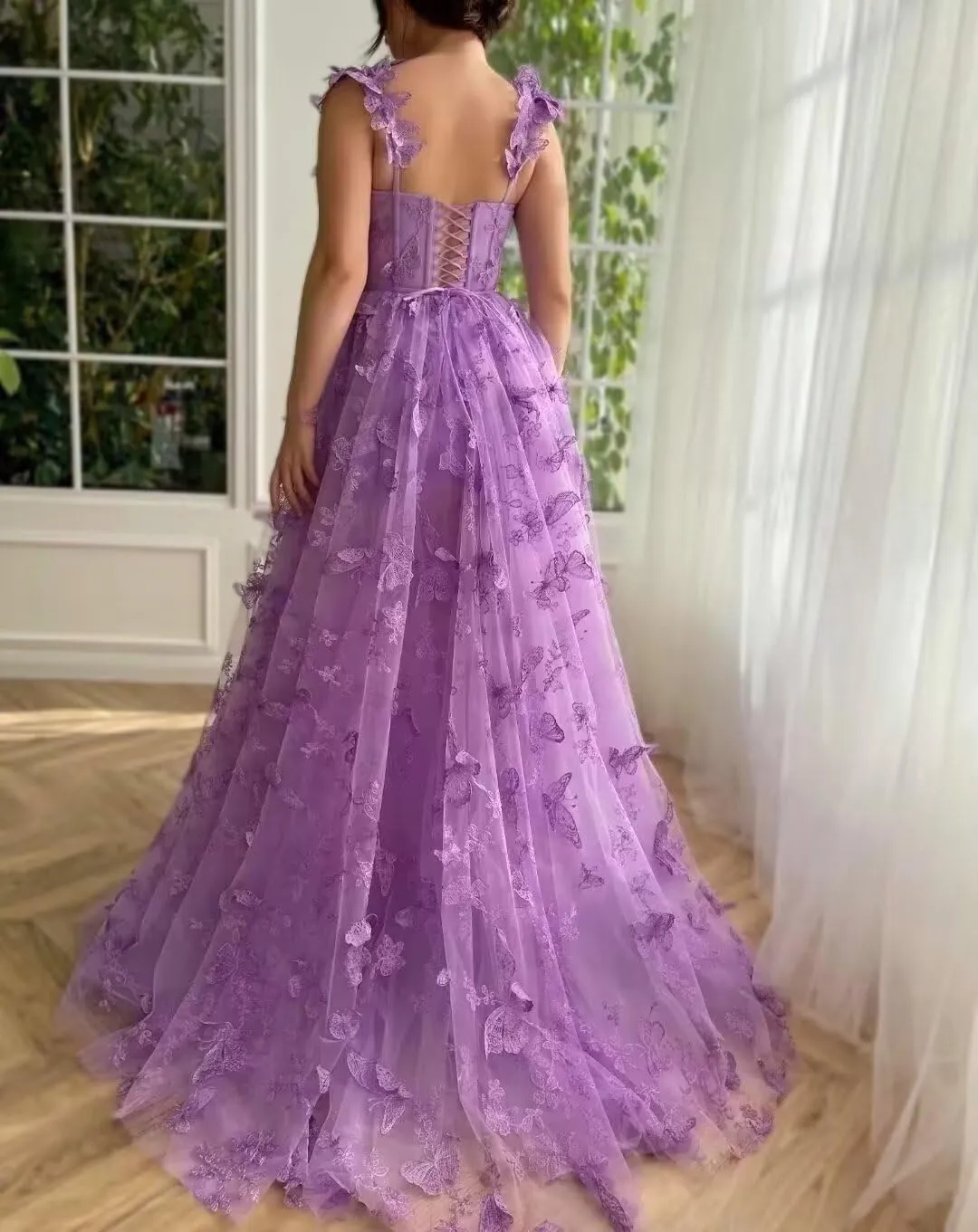 Women's 3D Butterfly Tulle Prom Dress Lace Applique Sweetheart Long Slit Formal Evening Gown