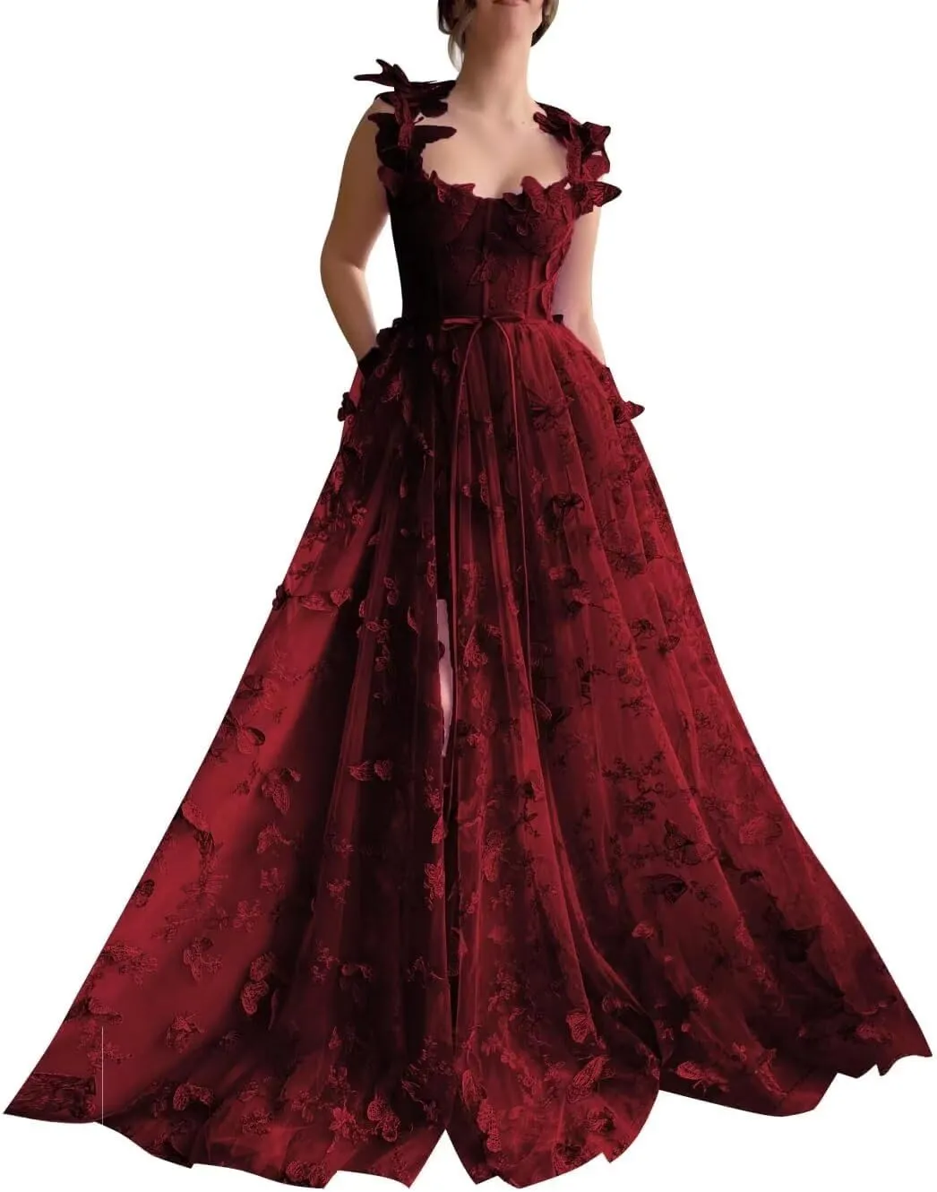 Women's 3D Butterfly Tulle Prom Dress Lace Applique Sweetheart Long Slit Formal Evening Gown