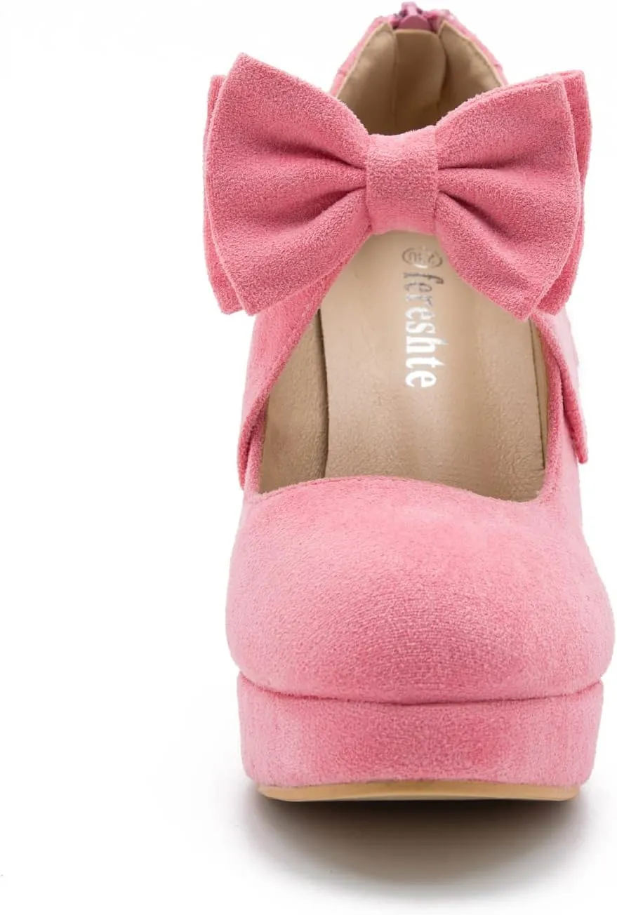 Women's Bow Heels Mary Jane High Heel Closed Toe Platform Vintage Dress Pumps