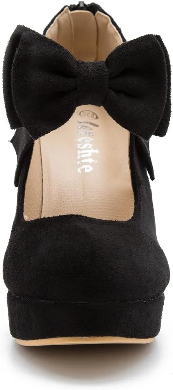 Women's Bow Heels Mary Jane High Heel Closed Toe Platform Vintage Dress Pumps