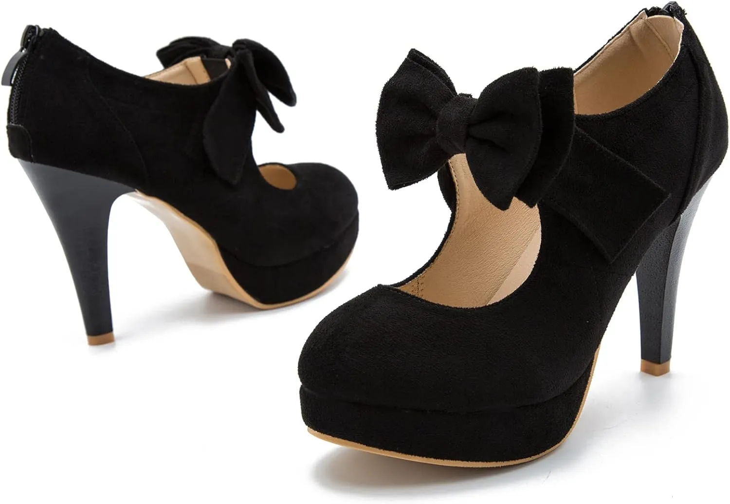 Women's Bow Heels Mary Jane High Heel Closed Toe Platform Vintage Dress Pumps