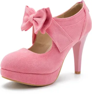 Women's Bow Heels Mary Jane High Heel Closed Toe Platform Vintage Dress Pumps