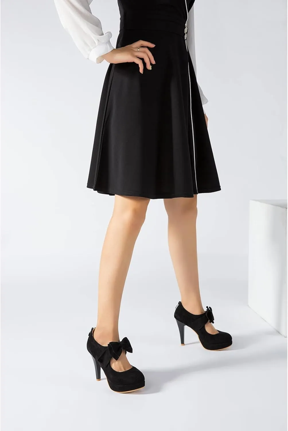 Women's Bow Heels Mary Jane High Heel Closed Toe Platform Vintage Dress Pumps