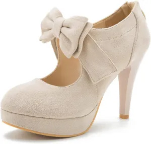 Women's Bow Heels Mary Jane High Heel Closed Toe Platform Vintage Dress Pumps