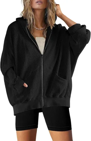 Womens Fashion Zip Up Hoodies Oversized Waffle Knit Jacket Shirts Long Sleeve Solid Shacket Blouse with Pockets