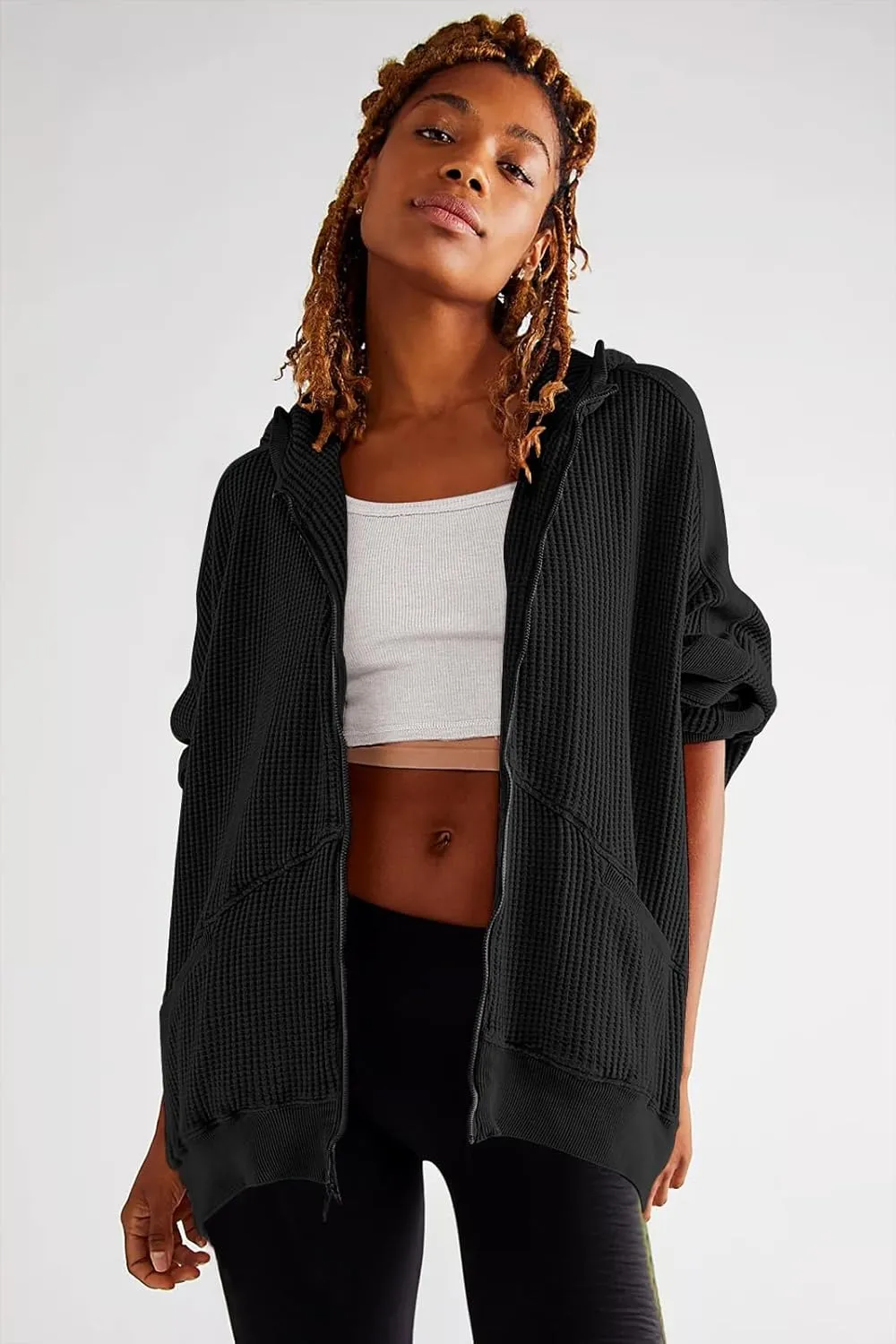 Womens Fashion Zip Up Hoodies Oversized Waffle Knit Jacket Shirts Long Sleeve Solid Shacket Blouse with Pockets