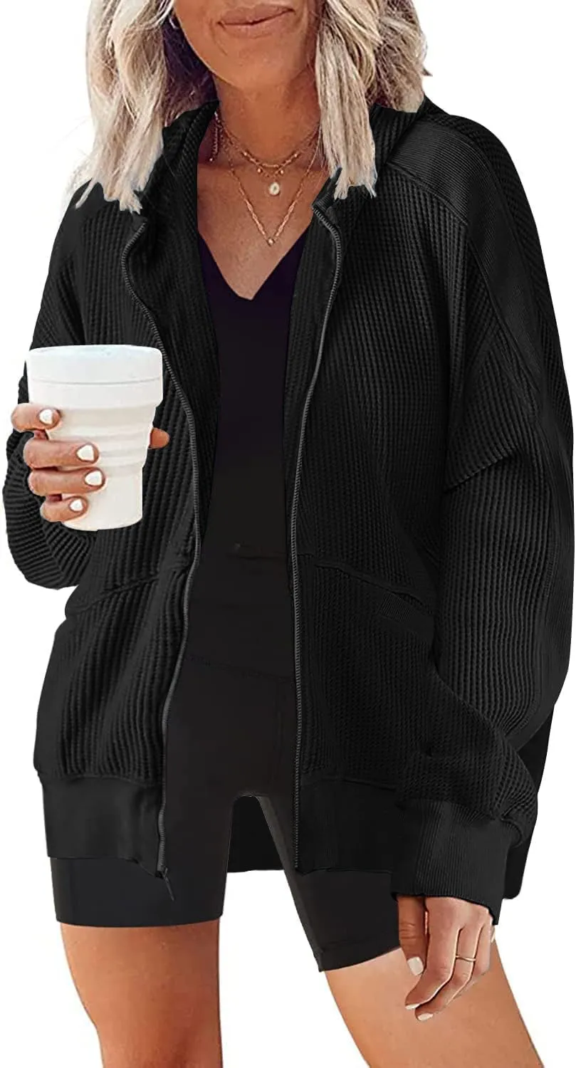 Womens Fashion Zip Up Hoodies Oversized Waffle Knit Jacket Shirts Long Sleeve Solid Shacket Blouse with Pockets