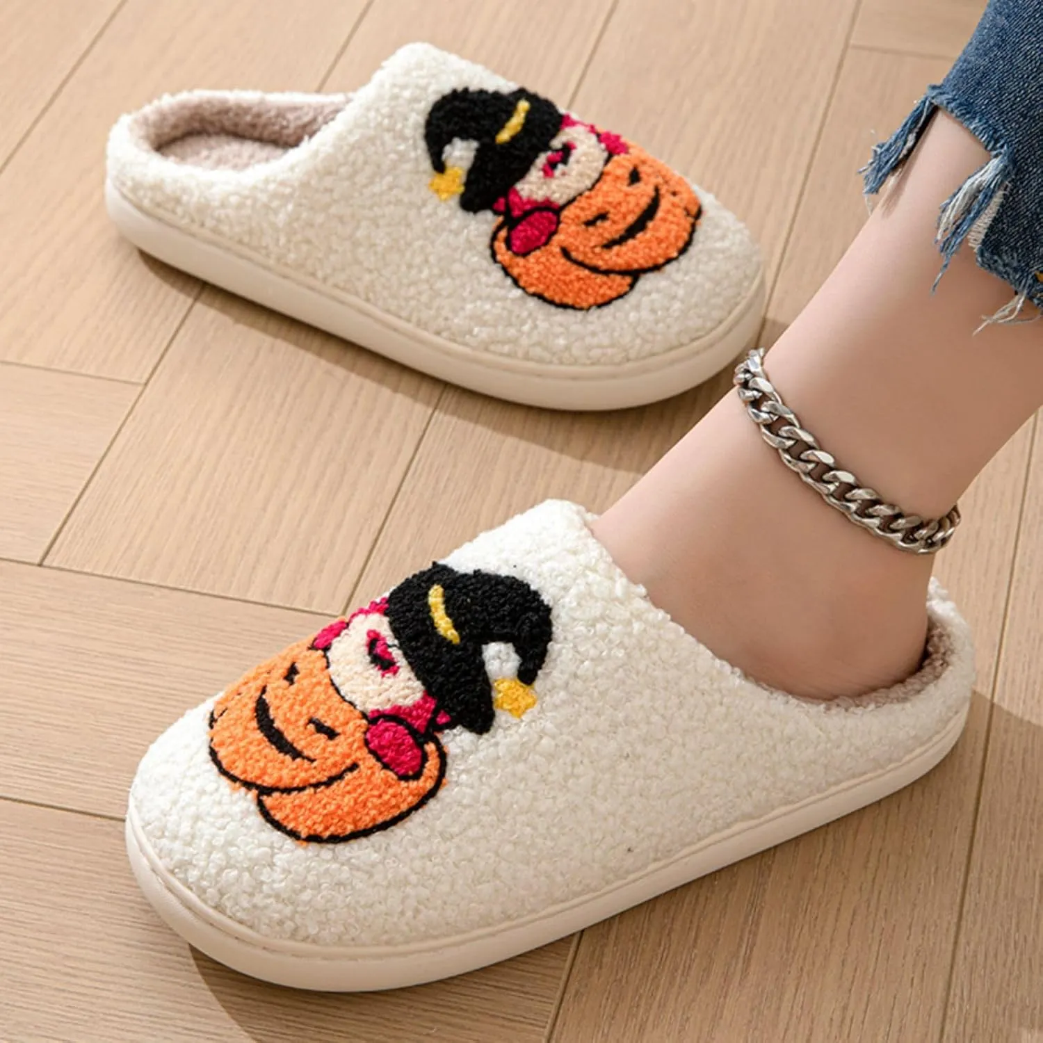 Women's Men's Retro Leopard Print Smiley Slippers Lightning Bolt Memory Foam Soft Plush Warm Non-Slip Home Shoes