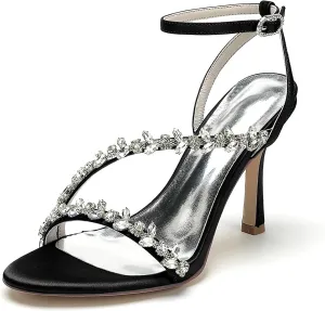 Women's Peep Toe Wedding Sandals High Heels Crystal Satin Ankle Strap Formal Evening Prom Party Dress Shoes Pumps