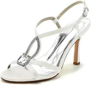 Women's Peep Toe Wedding Shoes for Bride Cross Strap Heel Rhinestones Pumps Satin Ankle Strap Evening Prom Dress Pumps