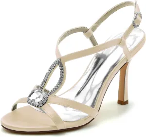 Women's Peep Toe Wedding Shoes for Bride Cross Strap Heel Rhinestones Pumps Satin Ankle Strap Evening Prom Dress Pumps