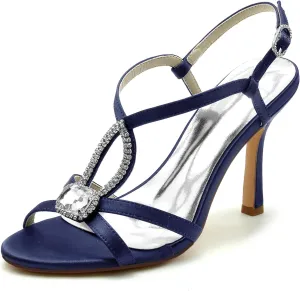 Women's Peep Toe Wedding Shoes for Bride Cross Strap Heel Rhinestones Pumps Satin Ankle Strap Evening Prom Dress Pumps