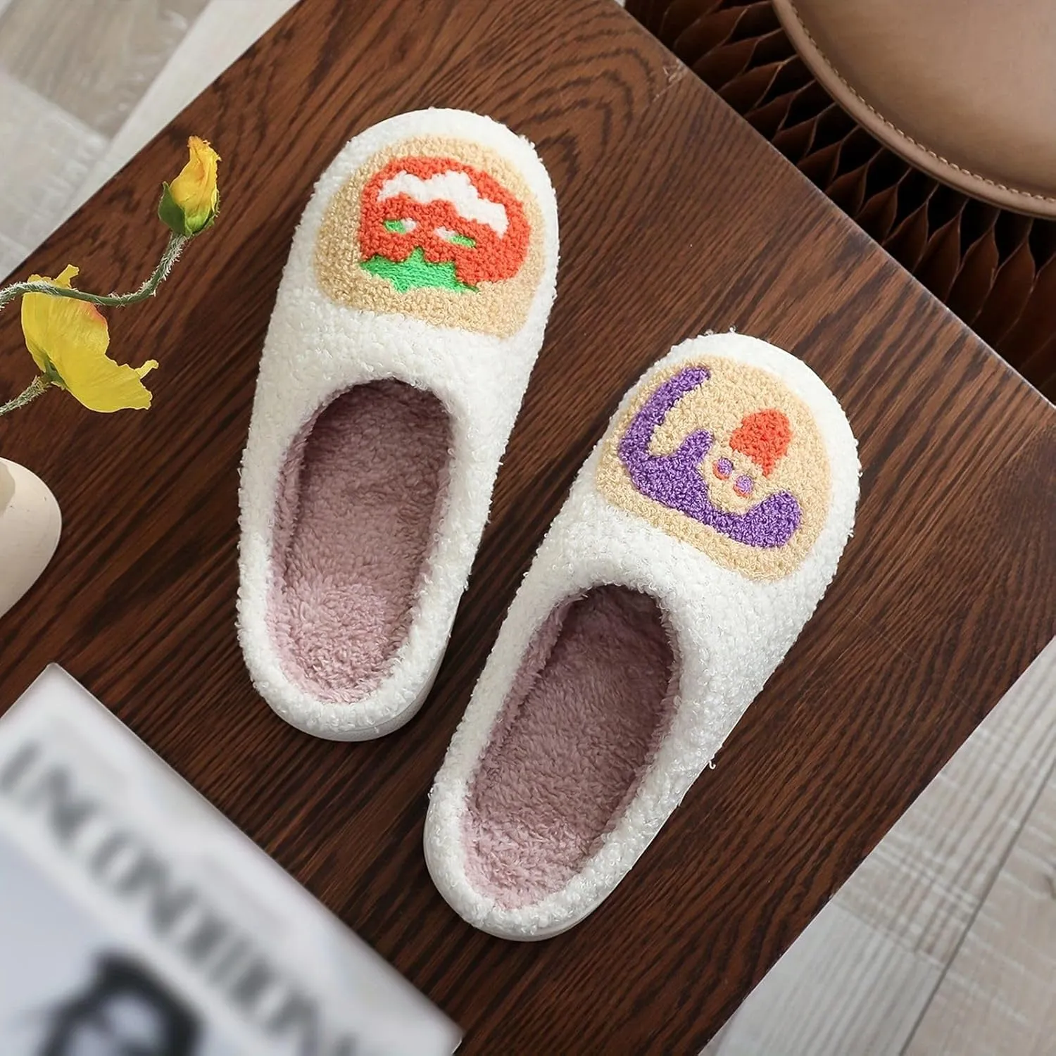 Women's Plush Heart Love Slippers - Blue Eyes Mushroom Cat Ears Retro Memory Foam Soft Plush Home Shoes