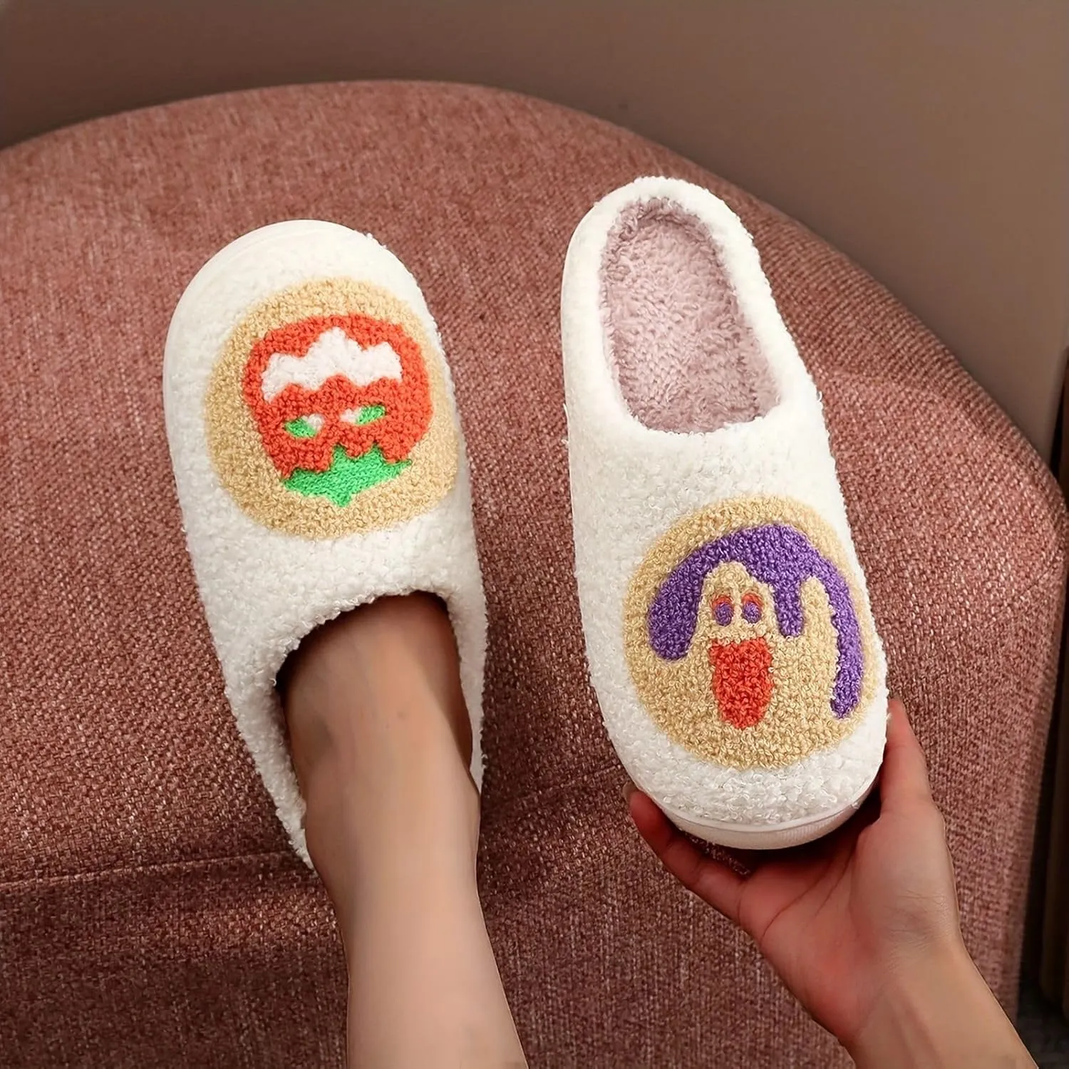 Women's Plush Heart Love Slippers - Blue Eyes Mushroom Cat Ears Retro Memory Foam Soft Plush Home Shoes