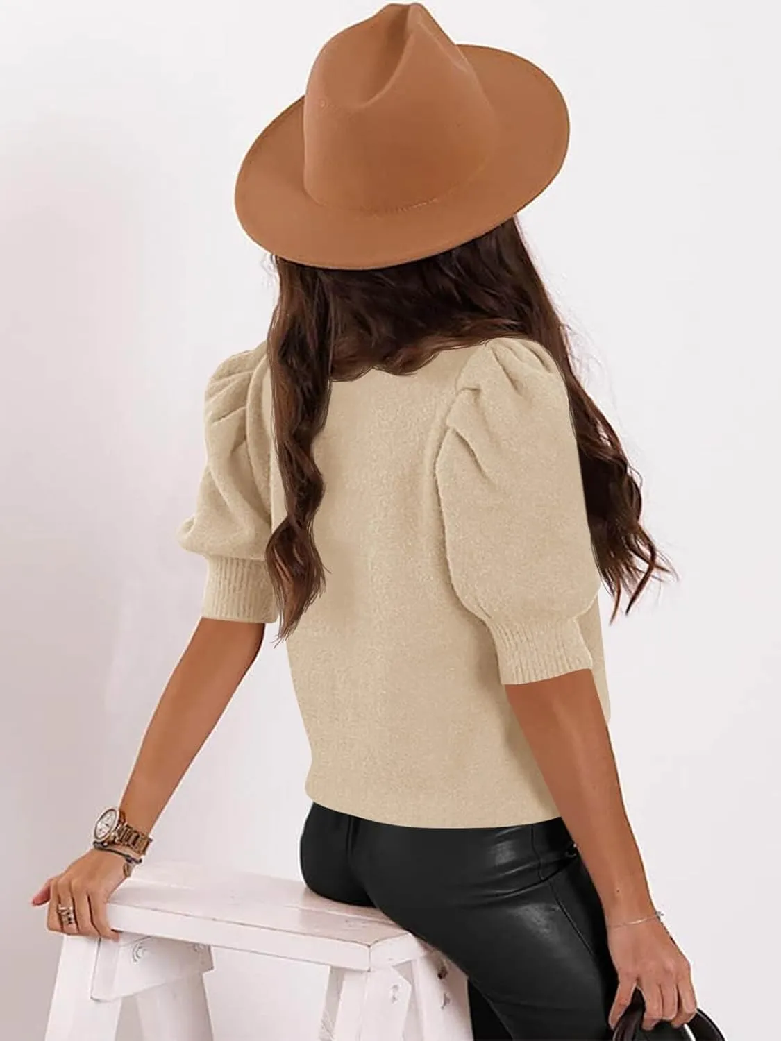 Womens Puff Short Sleeve Sweater Tops 2025 Spring Summer Trendy Casual T Shirts Blouses