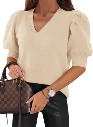 Womens Puff Short Sleeve Sweater Tops 2025 Spring Summer Trendy Casual T Shirts Blouses