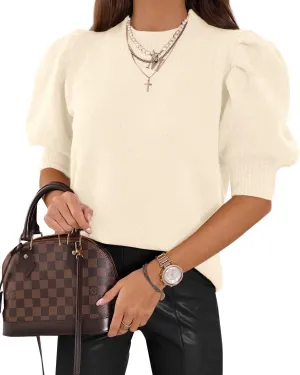 Women's Puff Short Sleeve Sweater Tops 2025 Spring Summer Trendy Crew Neck Casual T Shirts Blouses