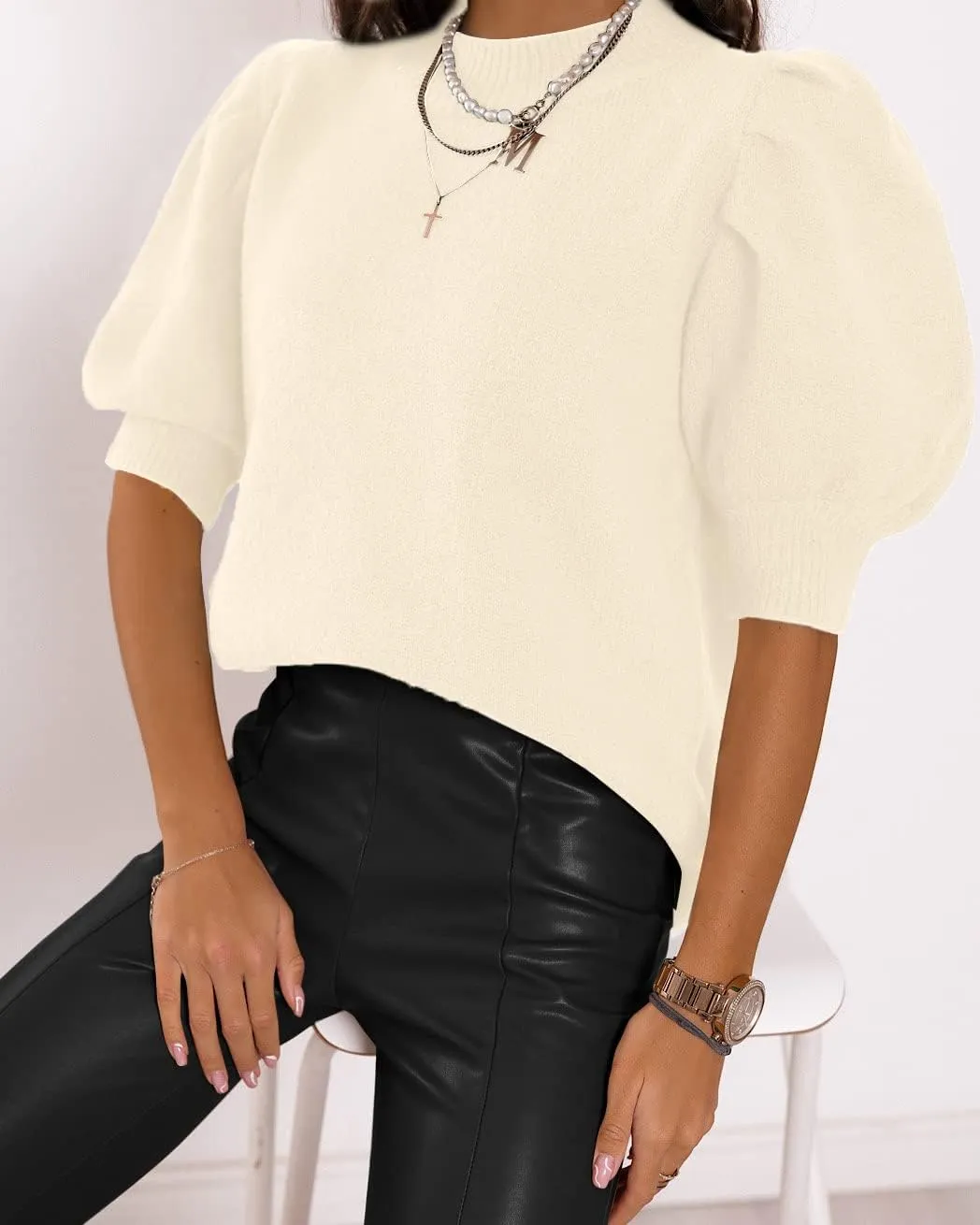 Women's Puff Short Sleeve Sweater Tops 2025 Spring Summer Trendy Crew Neck Casual T Shirts Blouses